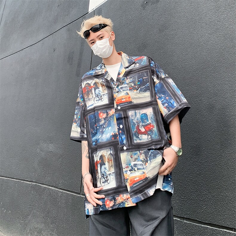 新款冰丝满印油画短袖衬衫男夏季潮牌复古百搭,男装衬衫,星座410-7