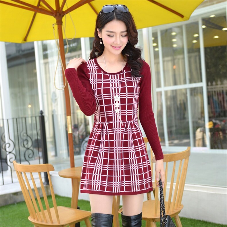 时尚格子长袖连衣裙女秋装新款修身显瘦针织毛衣裙气质淑女裙子，女装连衣裙，雪樱依海