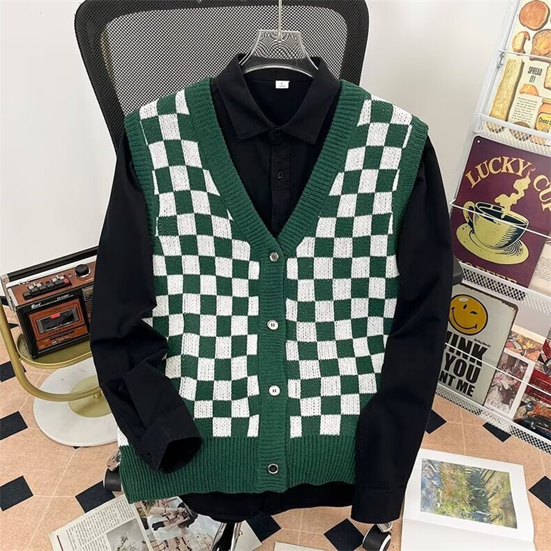 棋盘格子马甲背青少年男女春秋季开衫韩版外搭v领毛衣针织上衣,男装针织衫/毛衣,星座1013