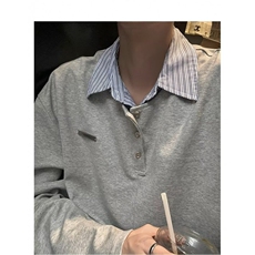 W10489-P40网图现货假两件条纹翻领拼接学院风长袖上衣Polo衫，男装Polo衫，星座1608