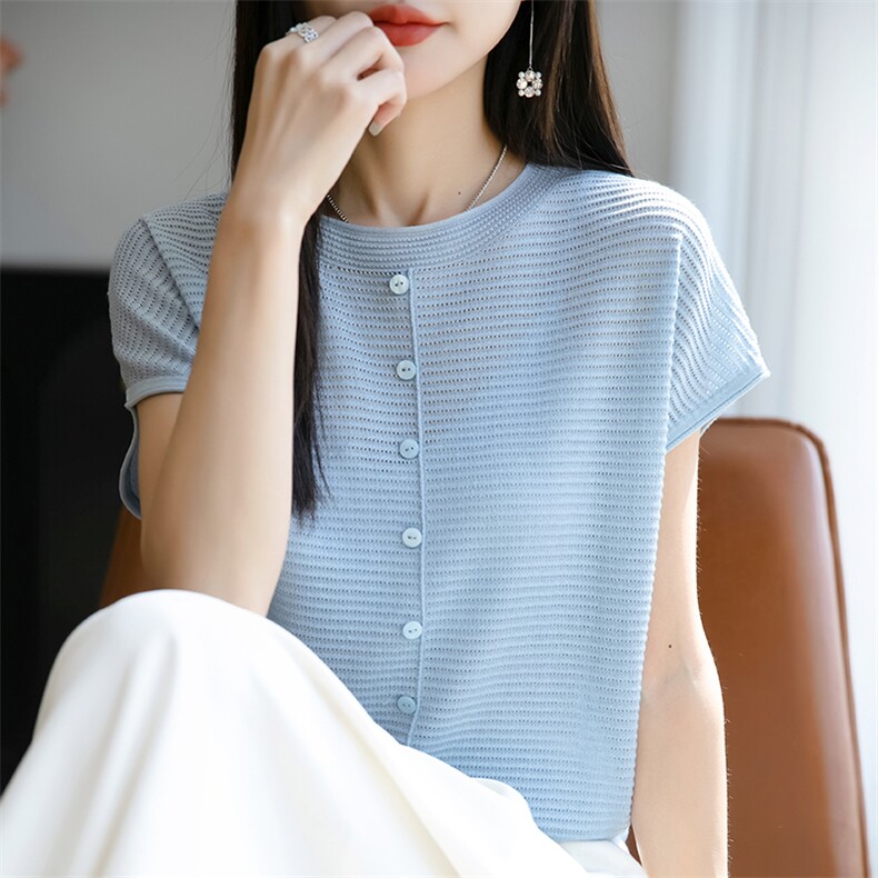 夏季曲竹冰丝针织短袖T恤女圆领镂空提花纽扣上衣宽松半袖打底衫,女装T恤,佳绒包芯纱店