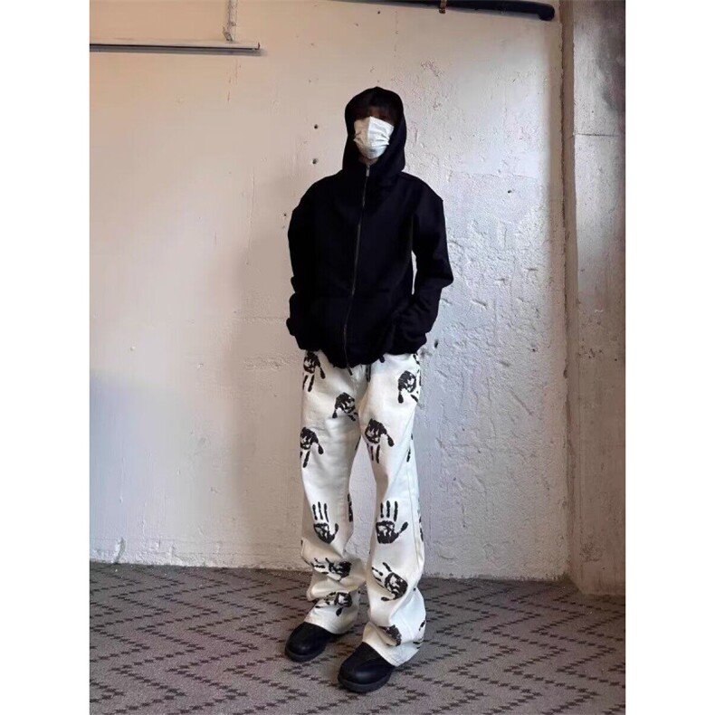 网络图手掌印花白色男女hiphop潮牌炸街微喇长裤N669-P53,男装牛仔裤,星座308B-2