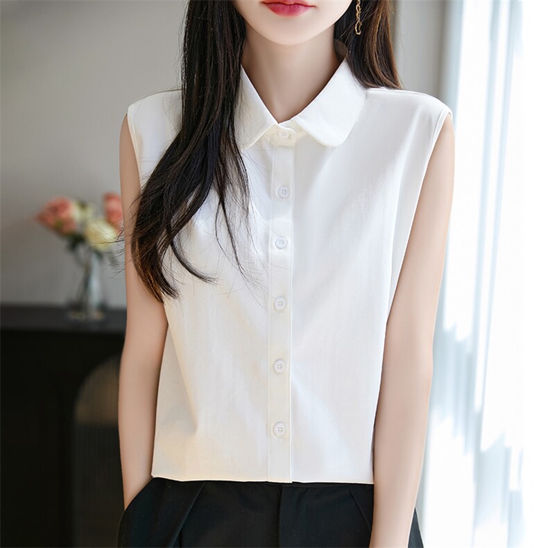 100%纯棉无袖背心开衫女夏季POLO领纯色内搭上衣全棉宽松西装打底图片