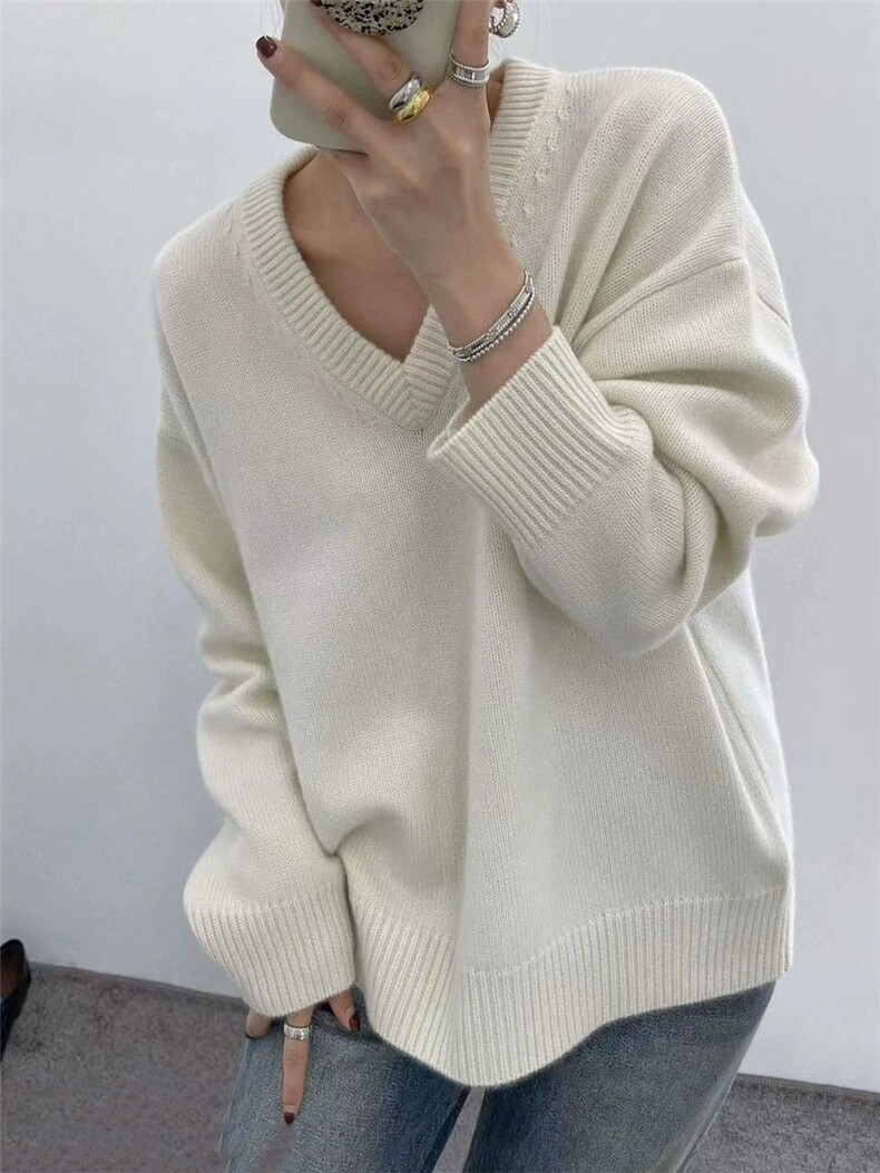 羊毛毛衣廓形加厚V领慵懒宽松套头针织衫上衣女，女装羊毛衫，思途羊绒