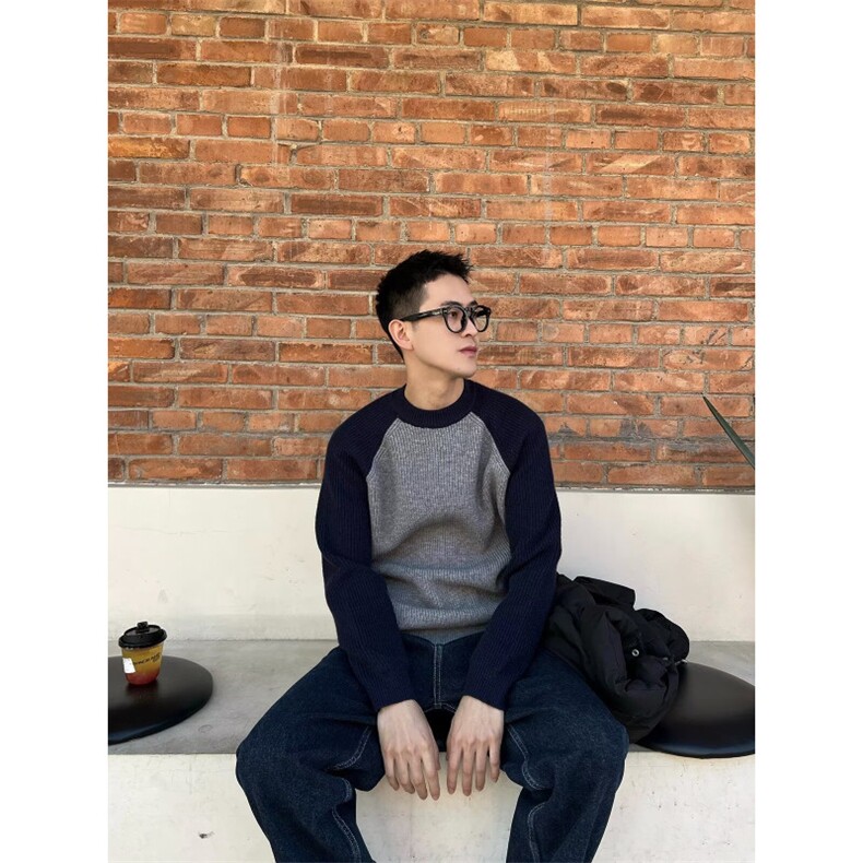 圆领毛衣男秋冬季潮牌拼色套头保暖打底衫休闲毛线加厚针织衫男款,男装T恤,星座506A