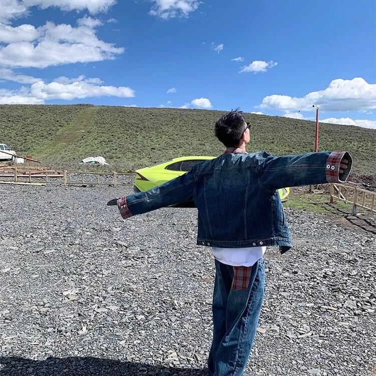 美式格纹格子拼接牛仔外套型男痞帅翻领时尚潮流休闲夹克男,男装工装外套,星座1210-1