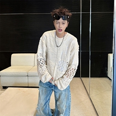 2025高级感破洞不规则毛衣男镂空慵懒老钱风针织衫A025-M068-P48，男装针织衫/毛衣，电商A025