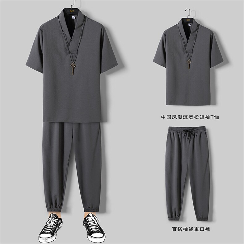 2025夏装盘扣短袖t恤九分裤冰丝套装男大码休闲套装 TZ19P65图片