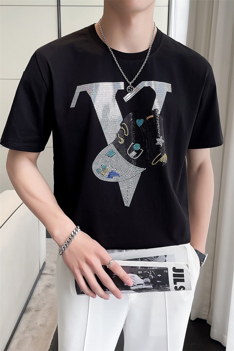 轻奢风短袖T恤男社会小伙重工亮片高端丝光冰丝体恤DXA931-P45,男装T恤,星座1207-1