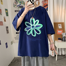 YT26170-P30亚麻短袖t恤男大码五分袖男宽松七分袖海报风，男装T恤，电商A040
