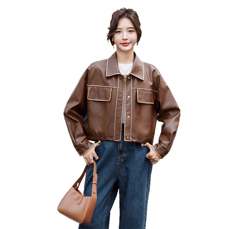 短款皮衣外套女2024秋季新款宽松休闲美式复古美拉德机车夹克上衣,女装皮衣,江南女神