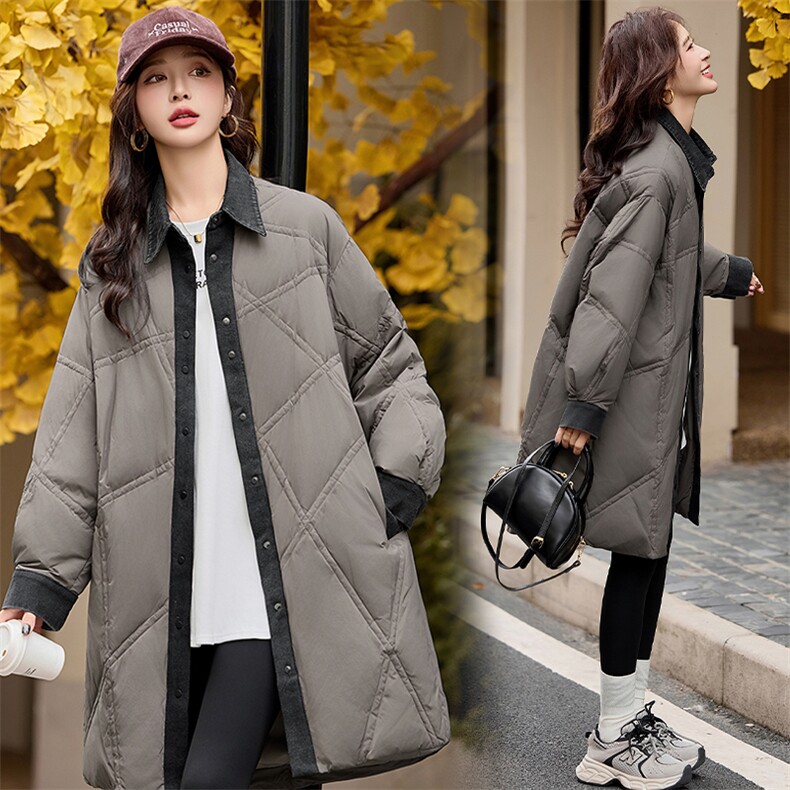 现货主推~白鸭绒羽绒服2004气质牛仔拼接大气百搭外套女装,女装羽绒服,半夏