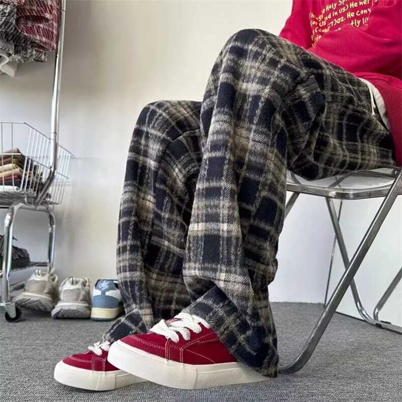 毛呢加绒格子裤女秋冬加绒加厚小个子直筒阔腿裤百搭高腰休闲卫裤图片