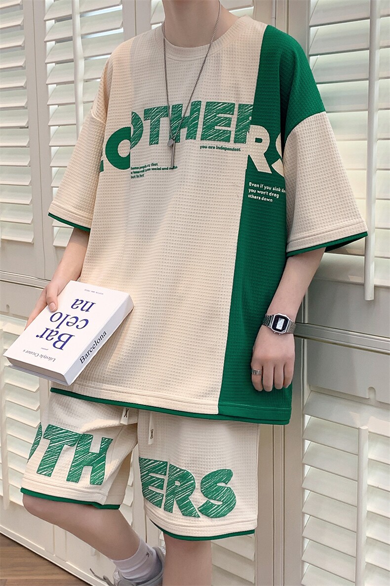 2024夏季冰感撞色拼接短袖华夫格运动套装男女6619-P70控价98,男装T恤,电商A441-1