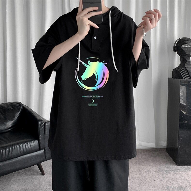 LD54138-P45连帽短袖t恤男大码胖子带帽五分袖中袖,男装T恤,电商A040