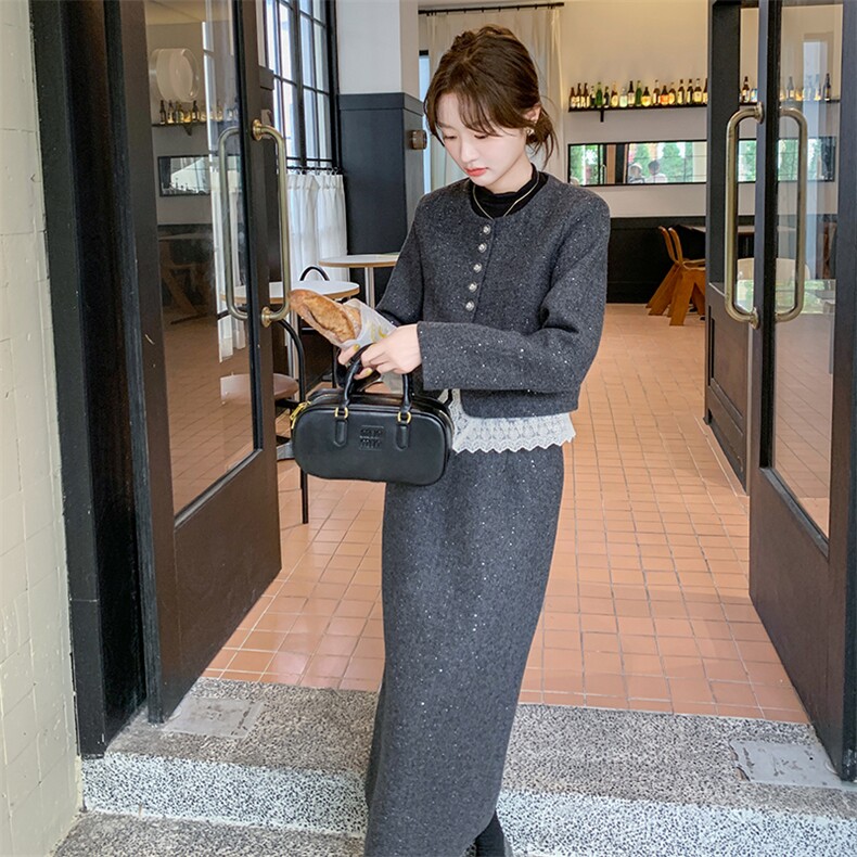 一整套秋冬穿搭高级感小香风毛呢套装女气质名媛女神范长裙两件套,女装套装/套裙,2C317