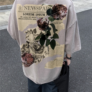 重磅美式复古玫瑰海报水洗做旧磨破工艺短袖XZ301B-JB4203-P40图片