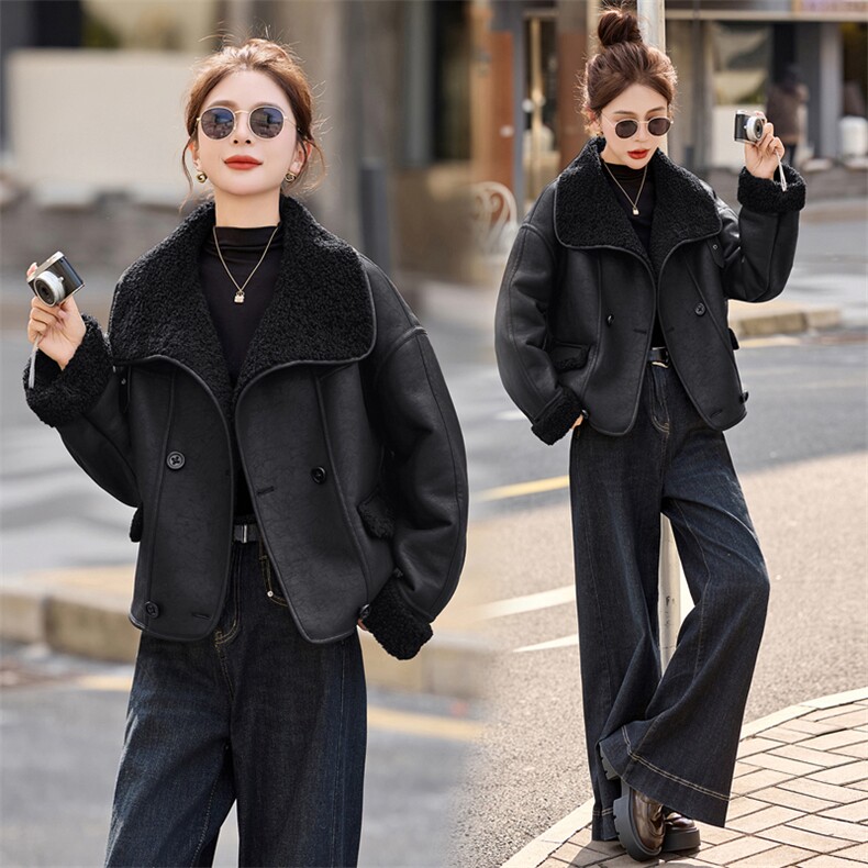 2025冬季女新款宽松显瘦百搭休闲保暖皮毛一体翻领外套,女装皮衣,自然秀