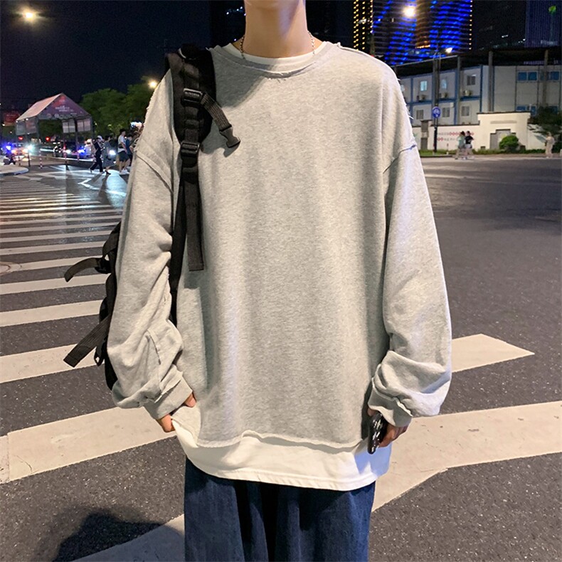 假两件卫衣男ins港风宽松圆领套头韩版长袖T恤情侣外套秋w90-p30,男装卫衣,星座1008-2