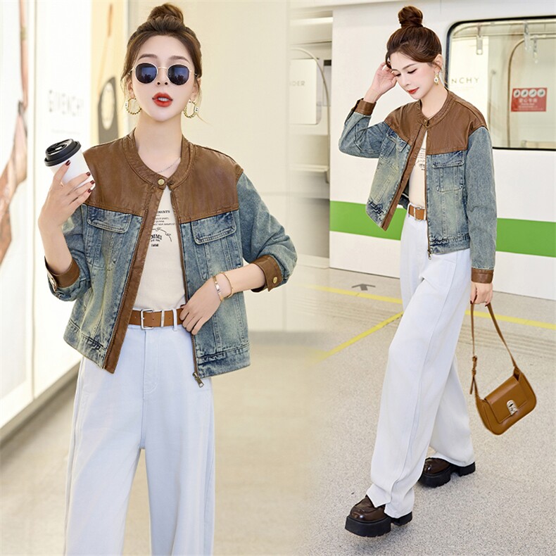 复古拼接牛仔外套女2025春秋新款韩版宽松小个子休闲短款夹克上衣，女装牛仔外套，江南女神