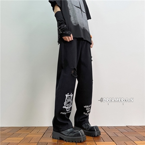 k1021-p50-控68 M-5XL 抖音美式黄泥高阶黑暗破洞宽松大码牛仔裤图片