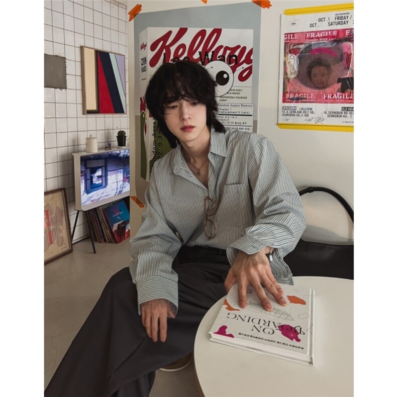条纹休闲衬衫男春季宽松长袖衬衣韩版潮流翻领上衣710-806P50,男装衬衫,星座710