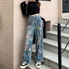 潮美式复古印花破洞牛仔裤女夏季新款设计感宽松显瘦阔腿拖地裤，男装牛仔裤，星座506A