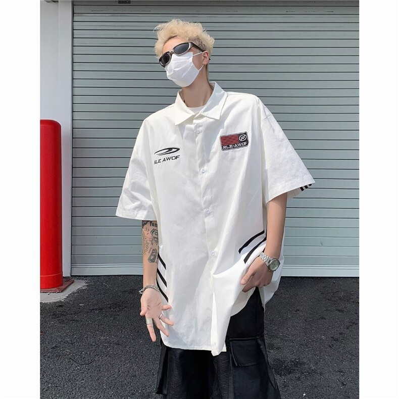白色短袖衬衫男夏季薄款冰丝条纹半袖设计感小众美式潮牌痞帅衬衣图片