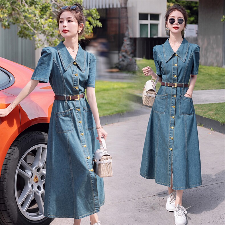 （现货）2026夏装新款复古翻领收腰薄牛仔连衣裙长裙（配腰带），女装连衣裙，印象茜