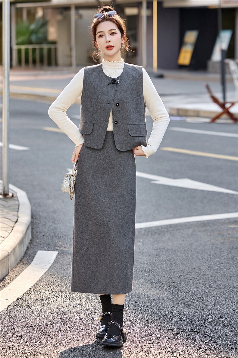 时尚马甲打底衫半身裙套装女2026春新款含羊毛通勤气质穿搭三件套,女装套装/套裙,流量+
