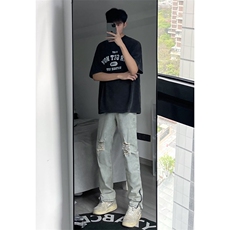 B221美式ins高街暗黑拉链小脚弹力破洞牛仔裤LK23060-P65控88，男装牛仔裤，电商B221