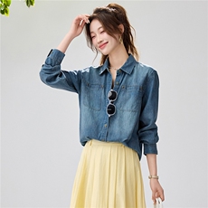 2026春夏新款复古水洗牛仔衬衫女宽松显瘦叠穿长袖衬衣外套休闲，女装衬衫，艾米