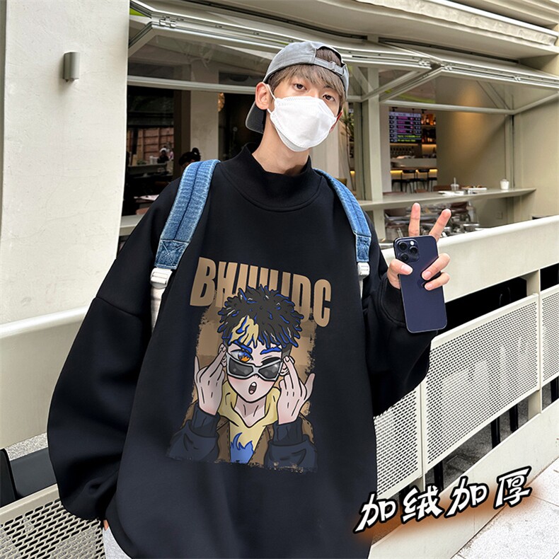 加绒加厚高领卫衣卡通印花落肩袖情侣款打底衫男XZ514-2-G72-P48,男装T恤,星座514-2(原B239)
