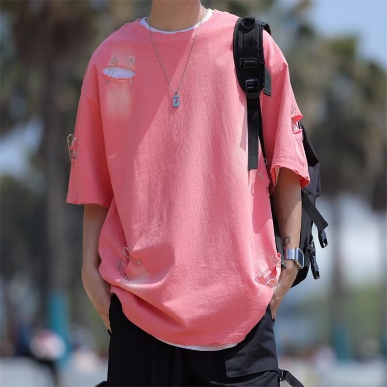 2024春夏季新款男休闲圆领别针破洞短袖P38,男装T恤,星座1116-2