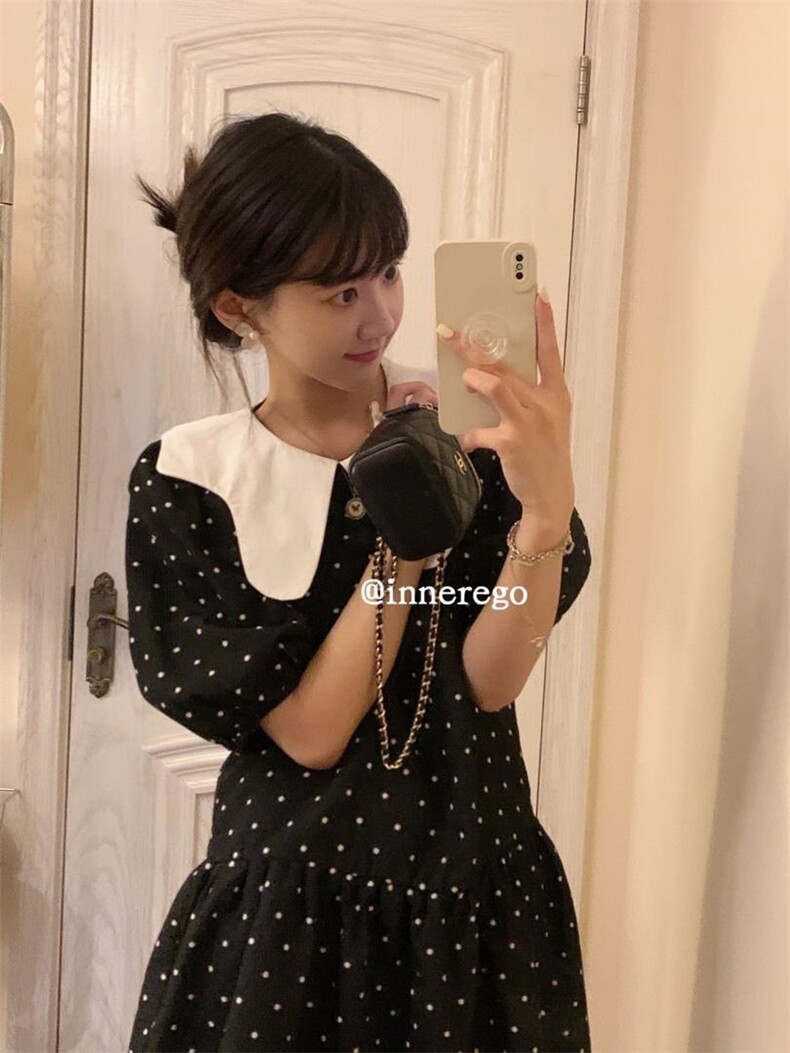 夏季新款翻领点点连衣裙，女装连衣裙，inner ego
