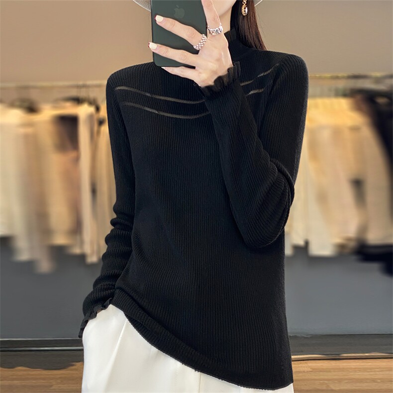 2024春季新款精纺羊毛衫女宽松半高领薄款毛衣百搭针织羊绒打底衫,女装羊毛衫,总能电商供货