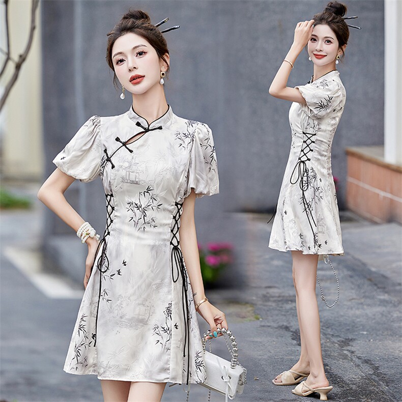 中式国风盘扣改良旗袍连衣裙女2024夏季新款抽绳收腰时尚印花裙子，女装连衣裙，雅佳俏