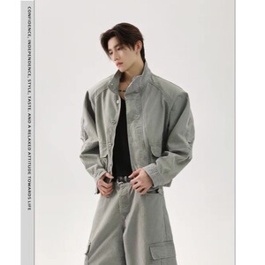立领工装牛仔外套男春秋高级感宽松百搭休闲飞行员夹克HH48 P100图片