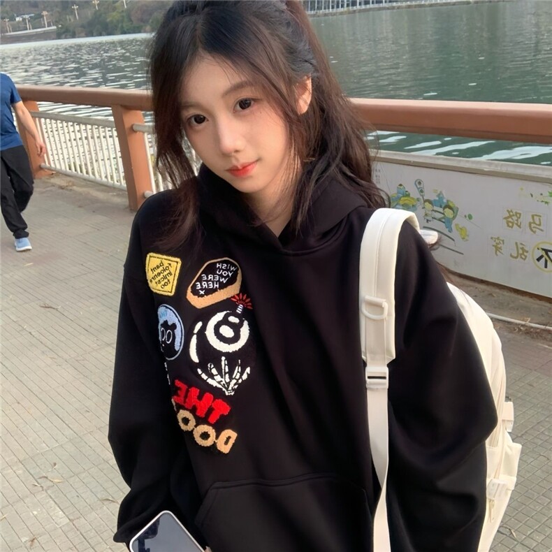 美式复古重工刺绣植绒徽章连帽加绒卫衣男秋冬情侣上衣F1012加绒,男装卫衣,星座208-5