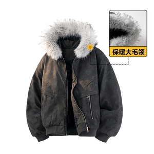 现货 扎染PU皮棉服男冬季加厚连帽棉衣座山雕大毛领外套M090-P120图片