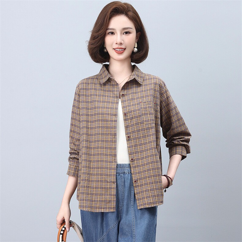 格子衬衫女2025新款春秋中老年时尚洋气短款纯棉衬衣,女装衬衫,忆绮罗