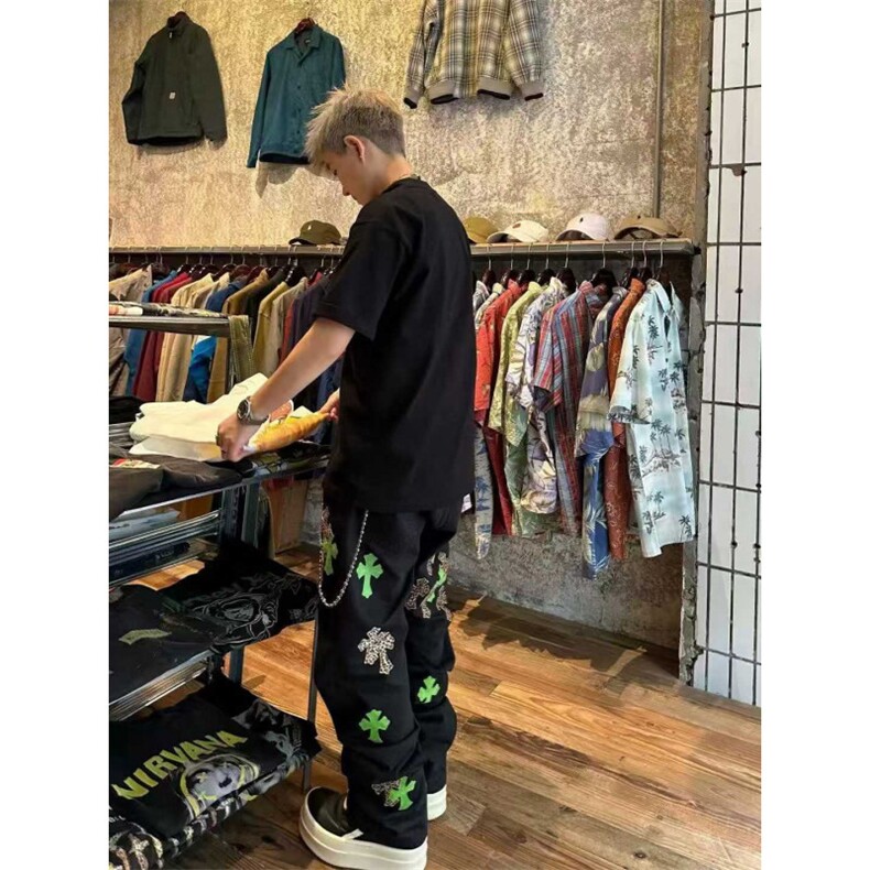 克罗风格美式高街十字贴皮男女同款宽松百搭水洗牛仔裤ED99P55，男装皮裤，电商D256-1(原A064-1)