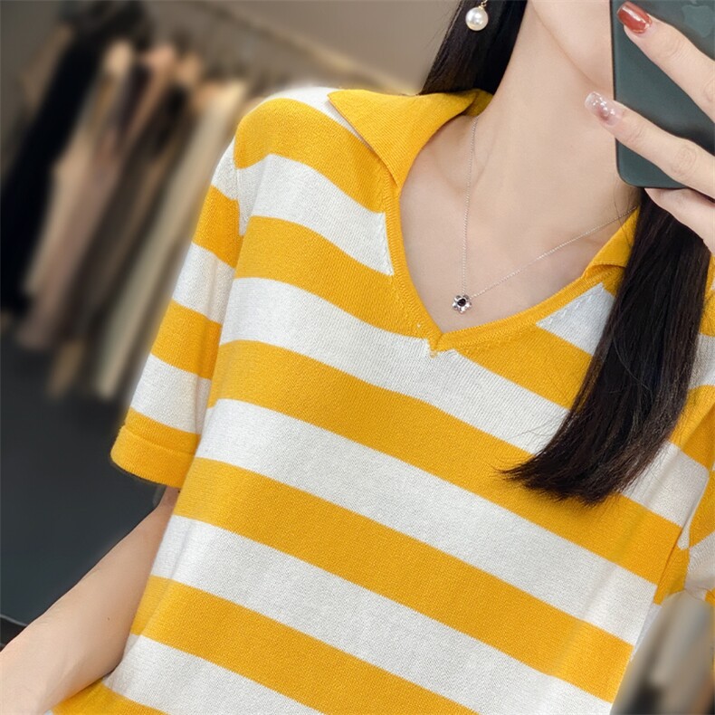 Polo领拼色针织短袖女24夏新款100%纯棉薄款宽松显瘦t恤半袖上衣,针织衫/毛衣,郡淞羊绒