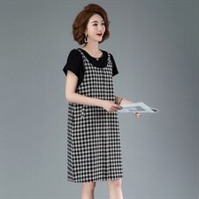 拼接假两件格纹连衣裙2023年夏季新款时尚，女装连衣裙，余墨