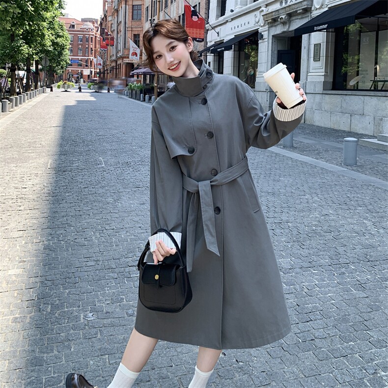 现货-高级灰长款风衣外套系带203-9507-P175-K248,女装风衣,浪娴服饰