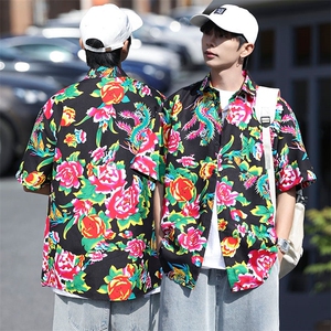DC203男女中性风东北大花短袖衬衫衬衣外套民族风汉服团队服图片