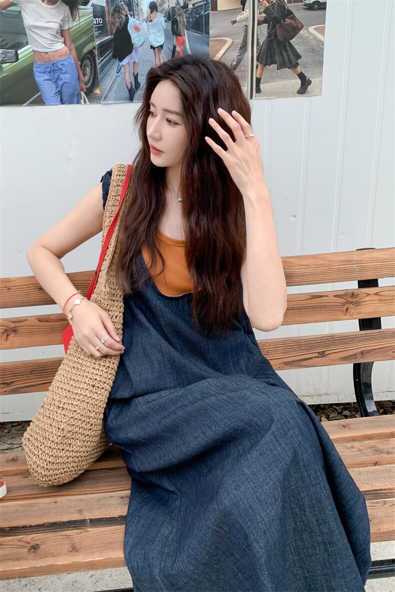 2025夏款韩版休闲极简时尚宽松遮肉无袖背心连衣裙女假两件长裙潮,女装连衣裙,2C323