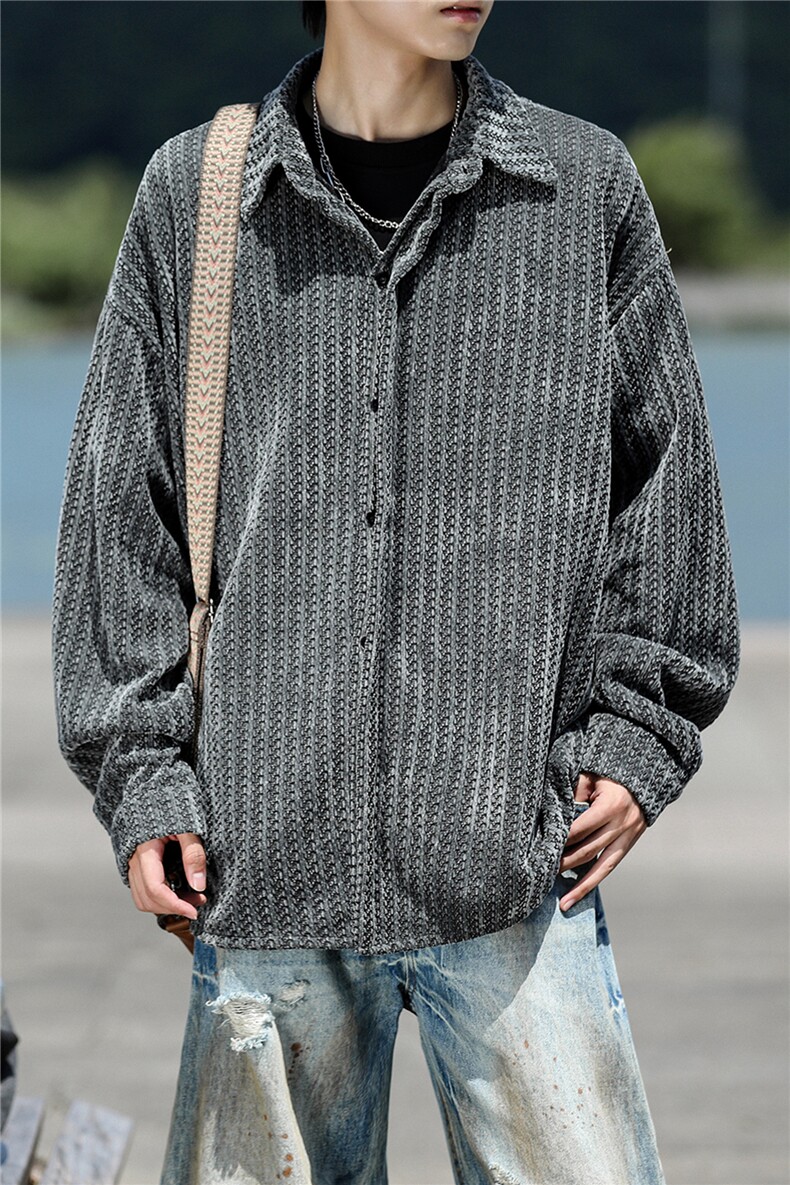 8XL-M鱼骨纹小香风衬衫男生春秋衬衣宽松慵懒垂感外套CS29009P45,男装衬衫,电商B312