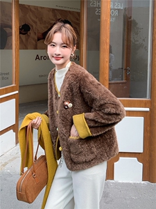 圆领撞色拼接皮毛一体外套女2025秋季夏季时尚百搭小个子显瘦上衣图片