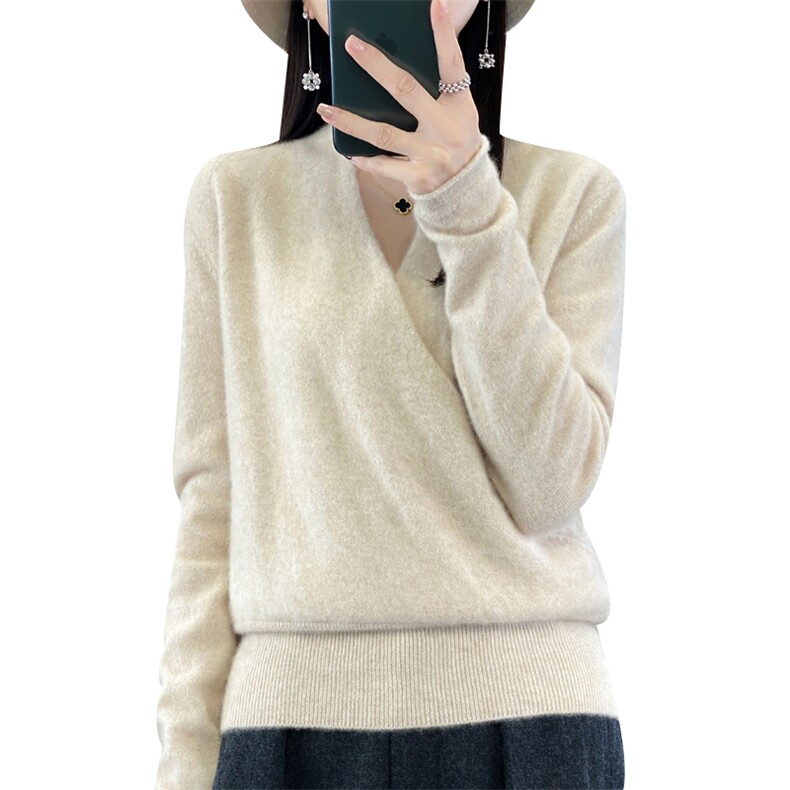 2025冬季新款交叉领羊毛衫女套头修身羊绒衫V领短款外穿和服毛衣,女装羊毛衫,九嘉羊绒